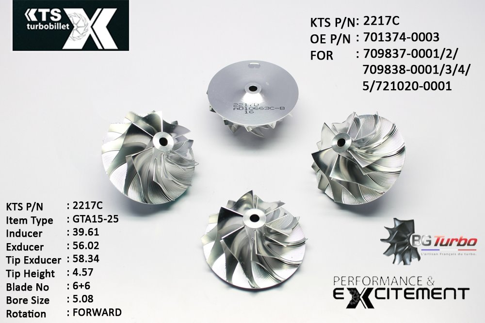 Turbo ROUE FORGÉE MFS PERFORMANCE - 6+6 PALES - INDUCER : 39,61 - EXDUCER : 56,02 - TYPE : GTA15-25ANGLE : 55° - ROTATION : Forward - SUPER BACK : 2,39 - BORE SIZE : 5,08
